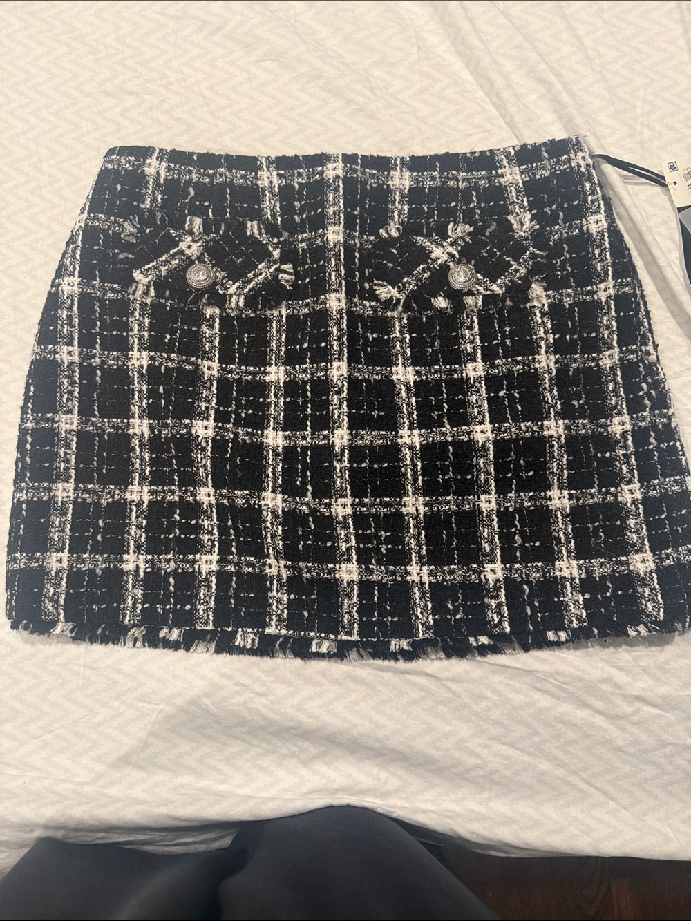 French Connection Black and White Tweed Mini Skirt with Pocket Flap Detail